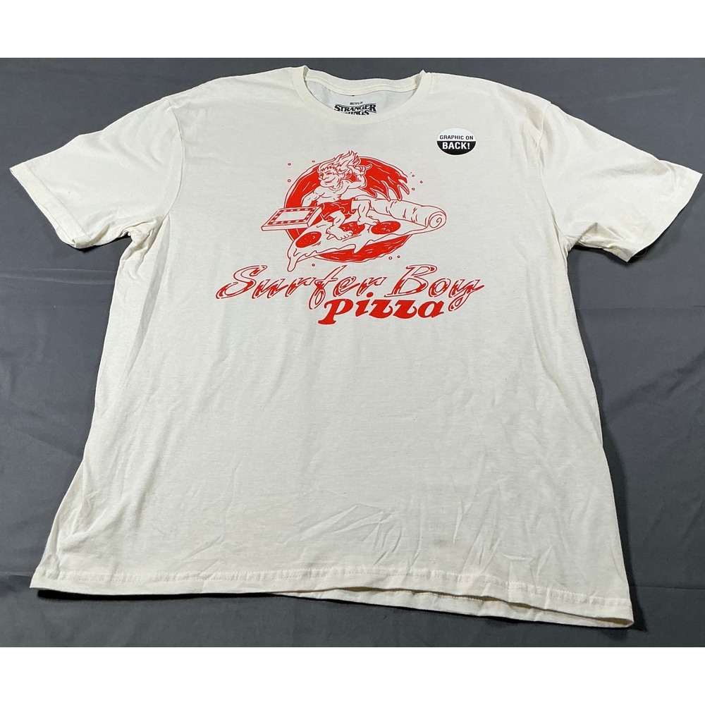 Netflix Stranger Things Surfer Boy Pizza Graphic T-Shirt Mens Large Cream Red